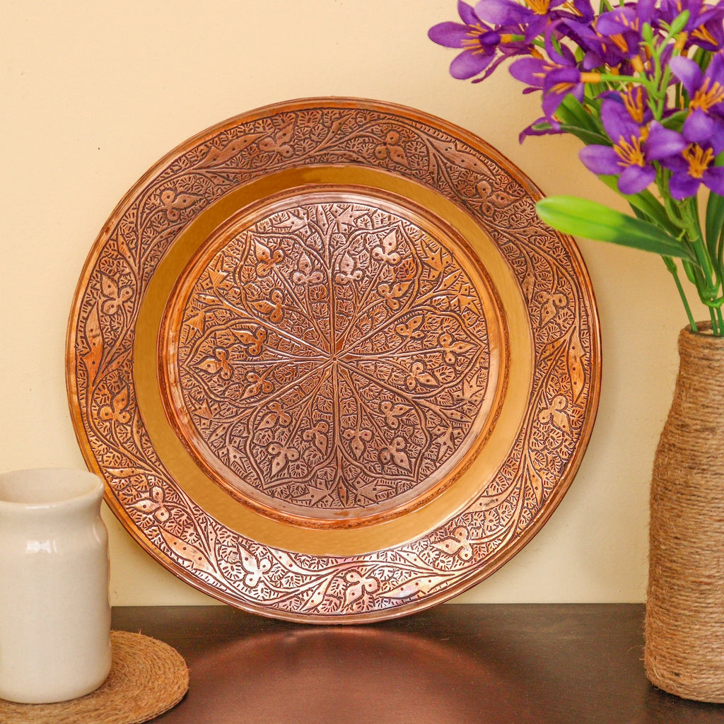 Knadkaer Copper Plate With LId  Hand Engraved - Kashmir Origin