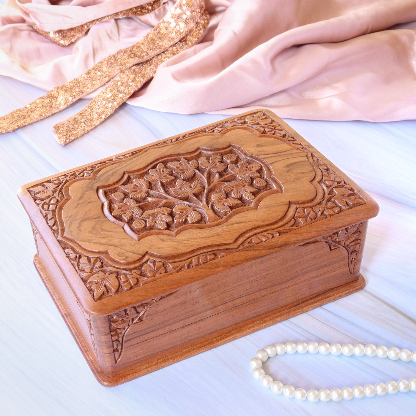 Handcarved Walnut Wood Jewellery/Utility Safe